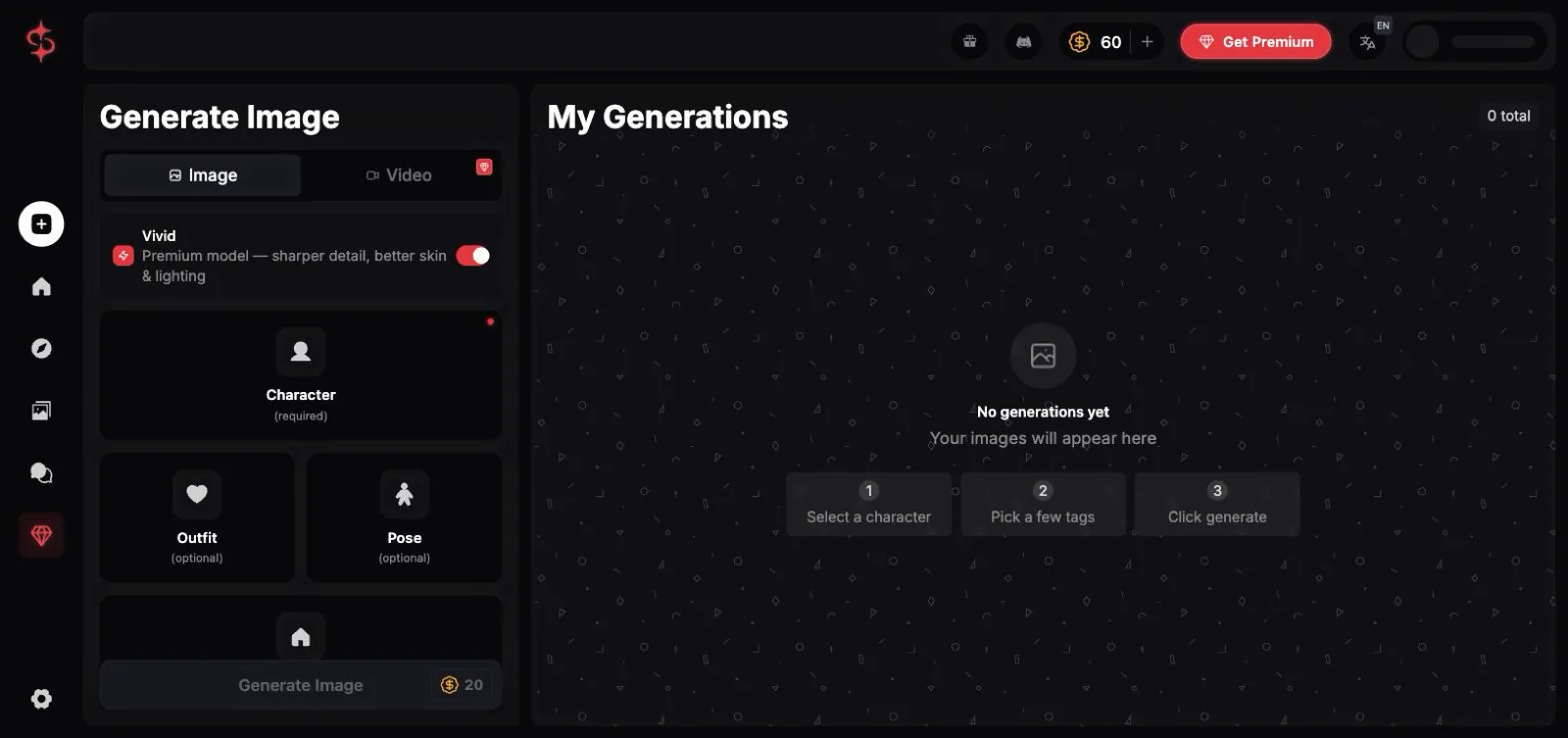 Sparkles image generator with character, outfit and pose controls
